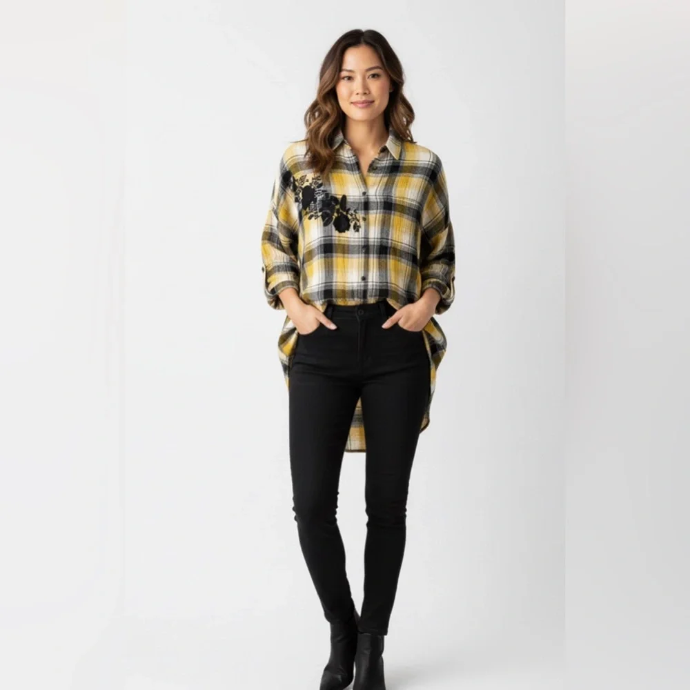 🔥 Maeve Plaid Embroidered Button Down Shirt XS/S – Yellow Black Hi-Low Tunic Top - Picture 1 of 12